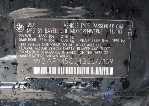 2011 BMW 335I из США, поврежденный, VIN WBAPM5C54BE577169